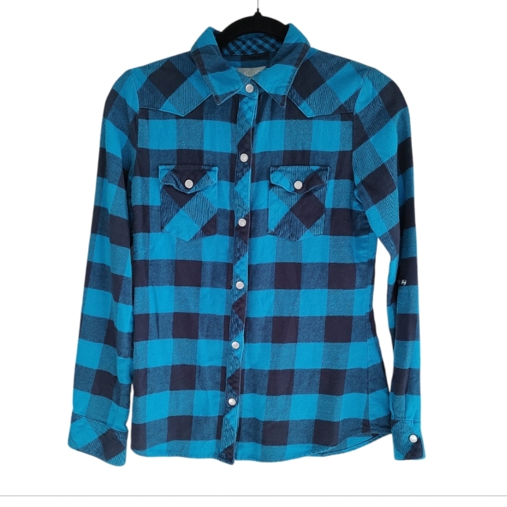 dELiA*s Teal and Black Plaid Shirt 100% Cotton Pearl Buttons